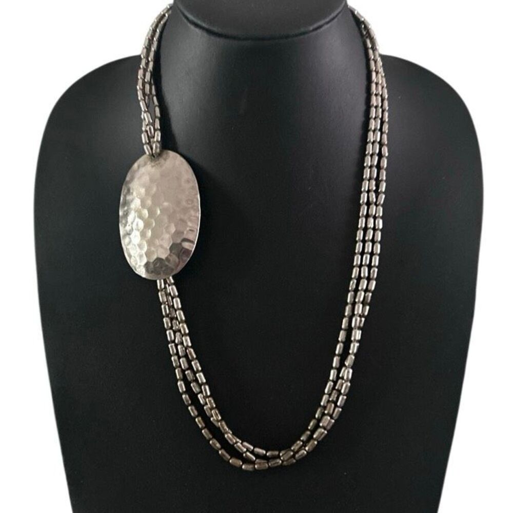 Vintage Tribal Style Necklace Large Hammered Oval Focal Pendant Silver Tone VG+